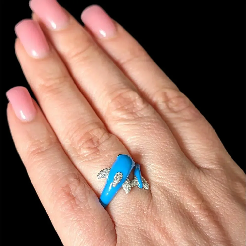 EFFY Dolphin Wrap Ring Diamonds Blue Enamel 14k White Gold New Old Stock